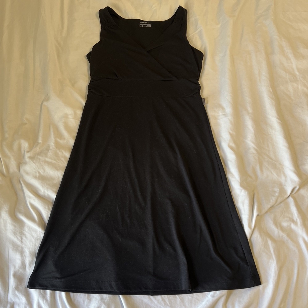 Eddie Bauer Travex Dress Womens Small Black Sleeveless Faux Wrap V-Neck 1209